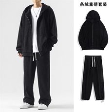 美式休闲380克重磅条绒开衫连帽外套搭配直筒拖地裤-TZ820特批117，男装休闲套装，星座718