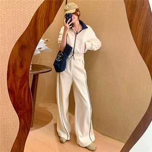 韩版休闲运动套装女春季新款高级感显瘦立领卫衣时尚阔腿裤两件套图片