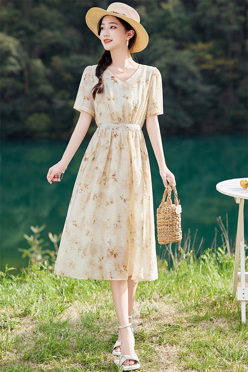 法式碎花天丝连衣裙女夏2025新款收腰RF2C290-5830#-P110-K188,女装连衣裙,蝶眷
