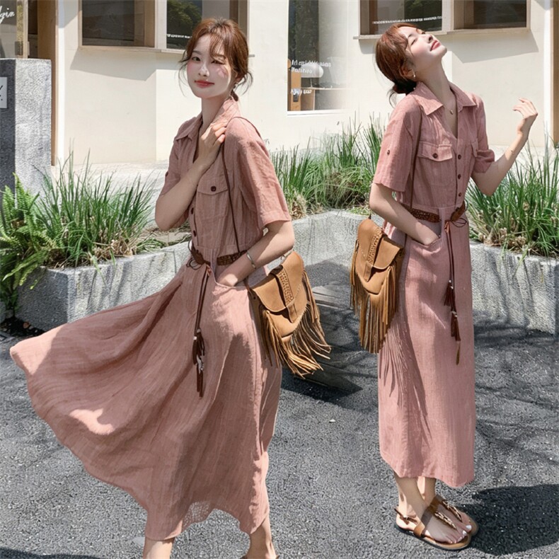 《档口现货26夏上新》气质三色天丝亚麻透气舒适连衣裙配腰带女,女装连衣裙,时尚风爆