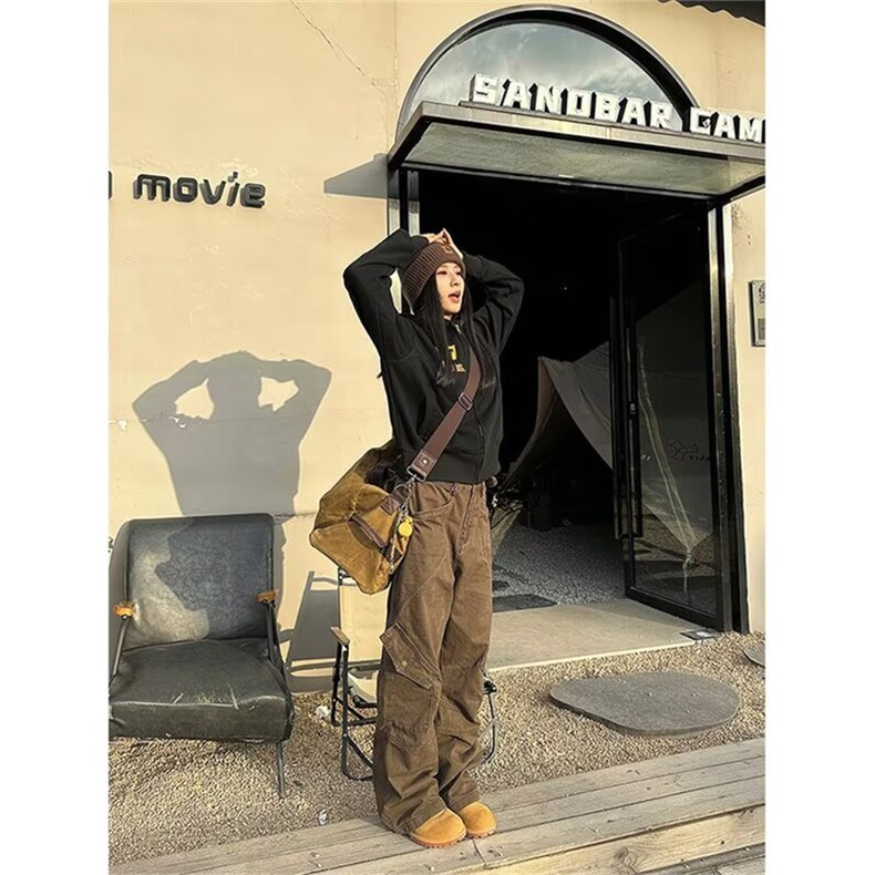 春夏新款美式棕色美拉德工装裤男女水洗潮牌男直筒宽松阔腿伐木裤,男装工装外套,四季星座505