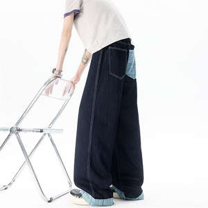 水洗撞色微弹力直筒裤复古牛仔裤港风日系宽松春秋男士美式休闲图片