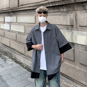 短袖衬衫男宽松假两件上衣ins港风夏季薄款衬衣外套C0513-P35图片