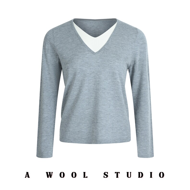 2025年秋季新款V领套头假两件针织羊毛衫时尚休闲通勤百搭，女装羊毛衫，宋氏羊绒