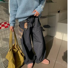 格子拼接弯刀牛仔裤男潮牌痞帅美式复古baggy裤子直筒宽松萝卜裤，男装牛仔裤，星座506A