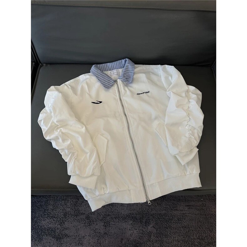739-P58白色cleanfit条纹拼接假两件棒球服外套男款美式翻领,女装短外套,电商B323A