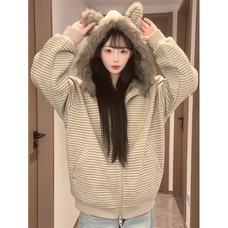 大毛领外套秋冬新款宽松开衫条纹连帽 棉衣棉服外套 M6034图片