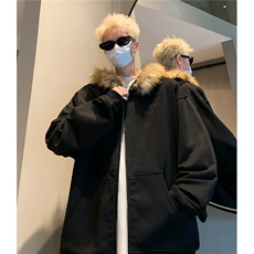 美式复古毛领情侣连帽拉链开衫卫衣秋冬男潮高级感外套D367P88，女装短外套，电商A335-1（原A458）