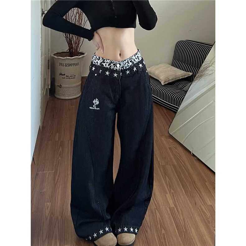 1506-1/KN0131/P60复古星星拼接阔腿牛仔裤新款高腰宽松拖地裤男,男装牛仔裤,星座1506-1