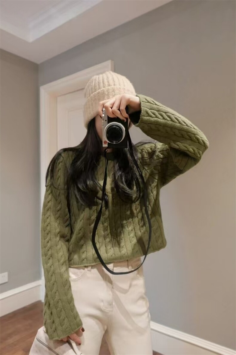 时尚百搭女士麻花纹短款圆领羊毛衫羊毛高品质保暖毛衣,女装羊毛衫,旭驰羊绒