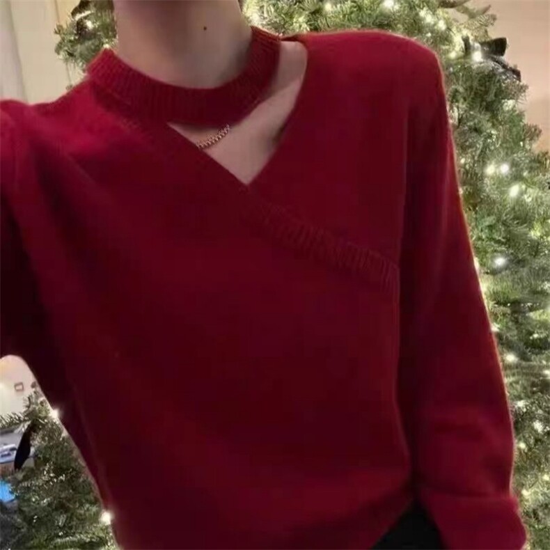 2025年秋季新款纯色挂脖v领针织套头上衣，女装针织衫/毛衣，旭驰羊绒