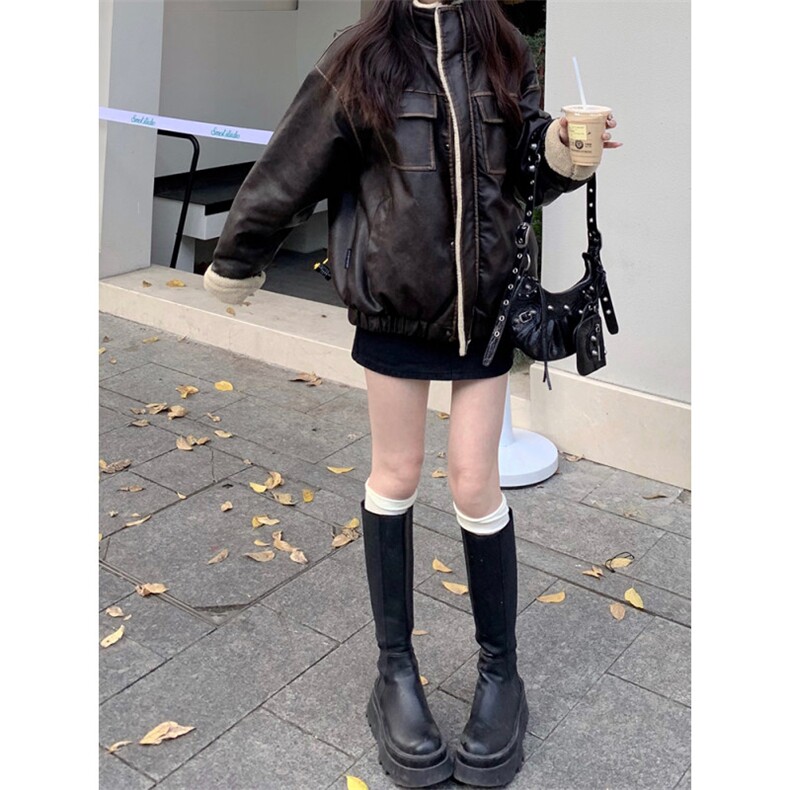 Cuitcuit 秋冬pu面美拉德翻领皮夹克美式复古宽松加厚羊羔绒棉服图片