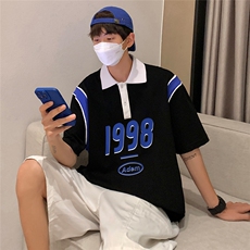 港风纯棉夏季休闲polo衫拼色印花短袖T恤男女PL6151P45控58，男装T恤，电商A268A