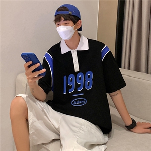 港风  纯棉夏季休闲polo衫拼色印花短袖T恤男女 PL6151 P45控58图片