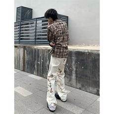 DB07-特P50新款美式火焰蕾丝宽松牛仔裤男女夏季拖地裤-网图现货，男装牛仔裤，星座603-2