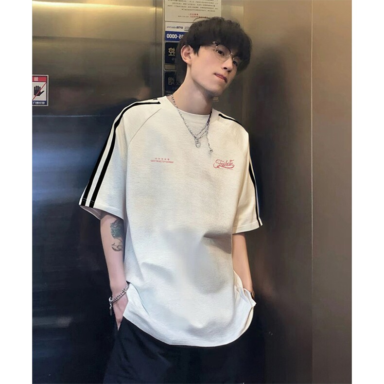 抖音得物高品质二开240克宽松纯棉美式潮牌三条杠织带短袖T恤,男装T恤,电商A486-1