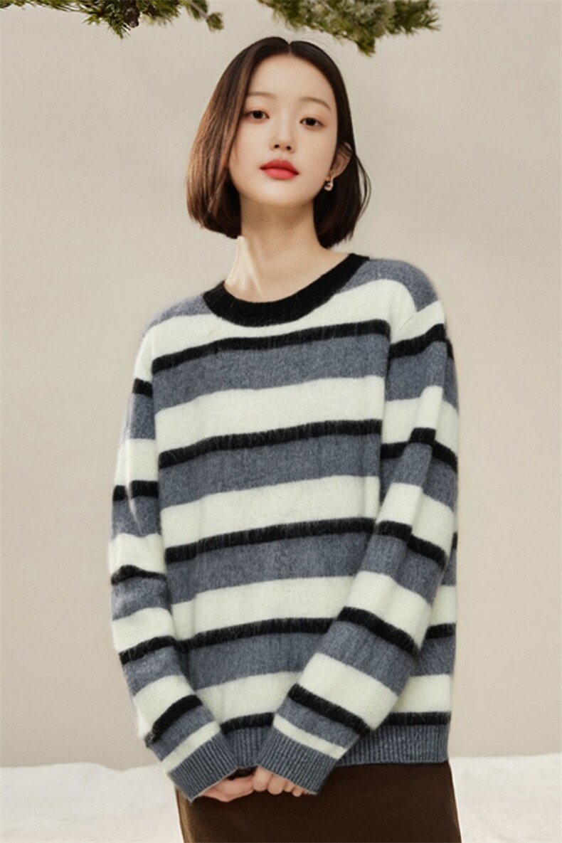 休闲/淑女2025年春季羊毛拉毛条纹衫,女装羊毛衫,雅之冉羊绒