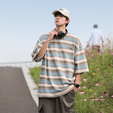 2024夏季潮牌百搭宽松短袖男日系复古撞色条纹T恤现货T1813-P52，男装T恤，星座512-4