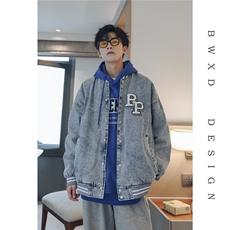 美式复古牛仔外套男秋季潮牌刺绣印花宽松潮流高街棒球服教练夹克，男装工装外套，星座1210-1