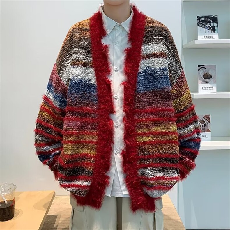美式复古彩虹撞色宽松毛衣外套MY58-P70,男装针织衫/毛衣,星座1109-3