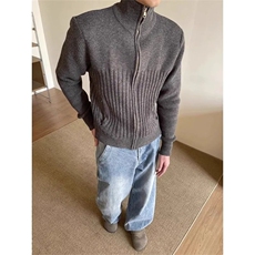 美式复古简约针织衫秋冬季百搭拉德立领拉链开衫宽松毛衣外套上衣，男装针织衫/毛衣，四季星座505