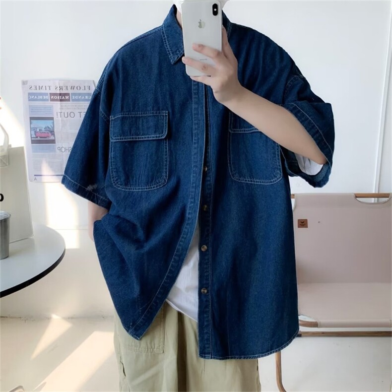 工装外套港风复古牛仔衬衫男夏季新款宽松休闲短袖衬衣W3431-P40,男装衬衫,星座512-2