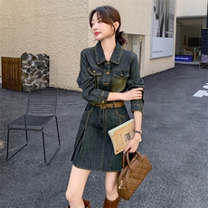 （有货）2026春装新复古色牛仔连衣短裙（配腰带）1D060-165-258，女装连衣裙，1D060