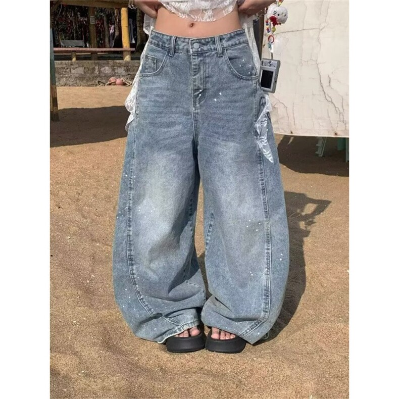 美式泼墨涂鸦阔腿牛仔裤女2025春新款今年流行高腰直筒弯刀裤,男装牛仔裤,星座506A