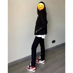 黑色解构鹿皮绒外套男女美式高街飞行员夹克棒球服秋冬L56333-P78图片