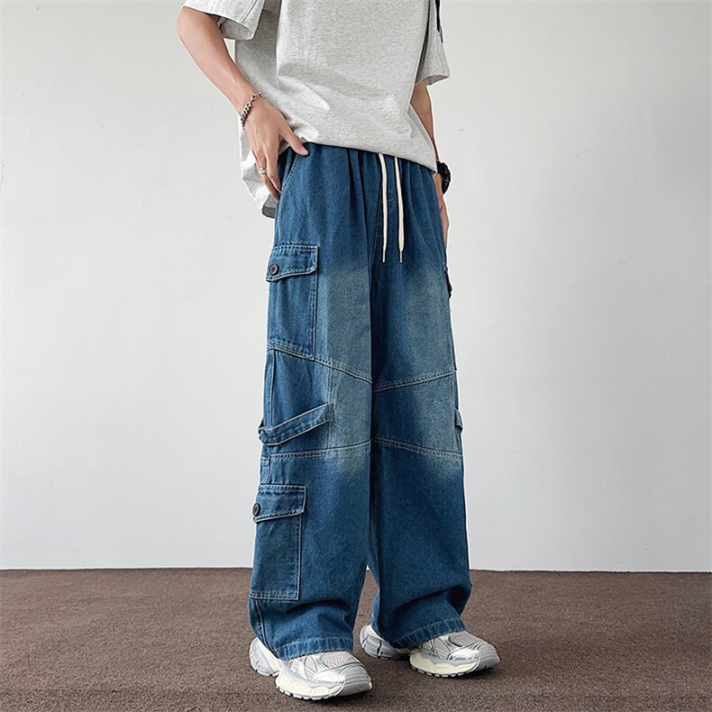 多口袋工装牛仔裤男2024冬季美式宽松阔腿裤潮裤子N738-P60,男装牛仔裤,星座308B-2