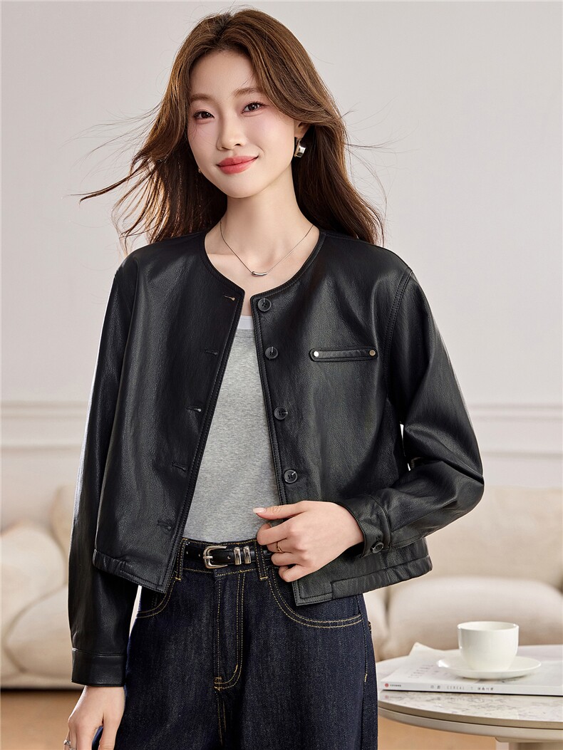 【春季女装新款】2026大量现货春季时尚优雅圆领小香风短款皮衣,女装皮衣,缘衣格