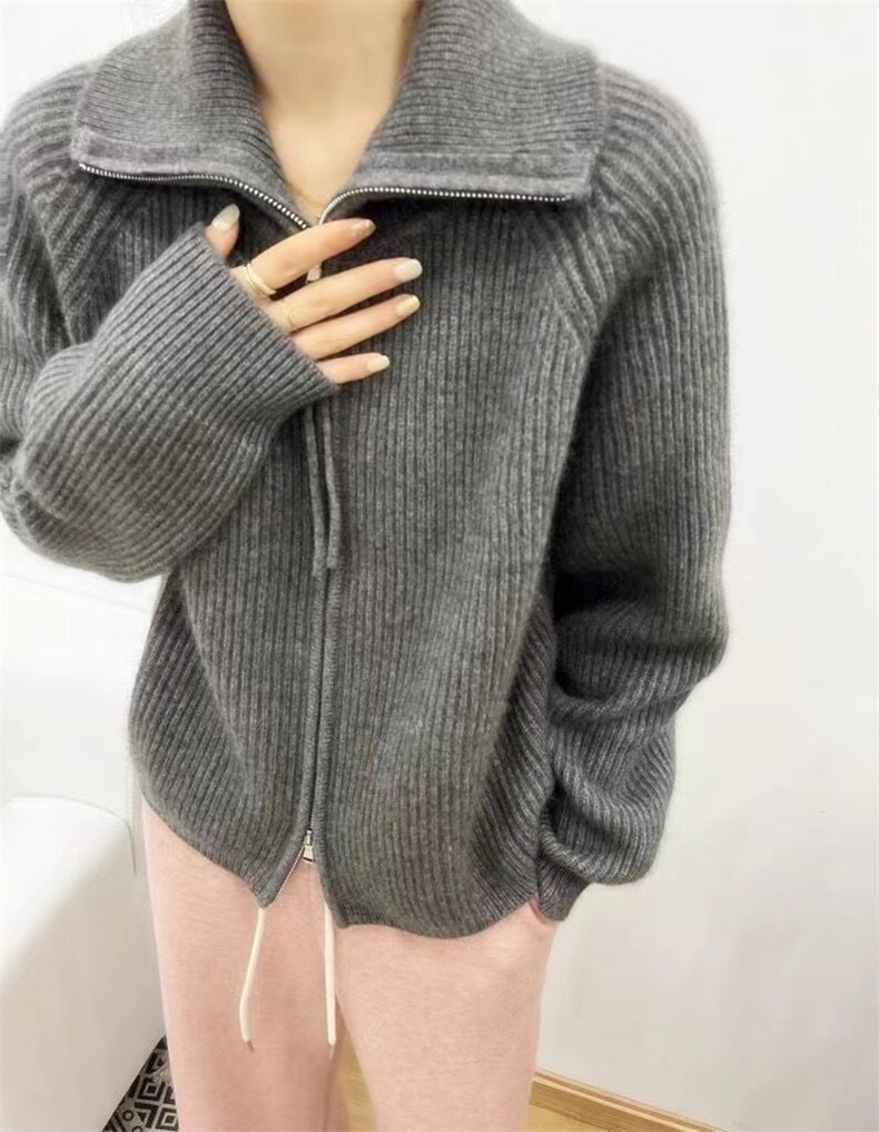秋冬季新款宽松舒适简约女长领带绳拉链针织开衫,女装羊毛衫,恒恩羊绒