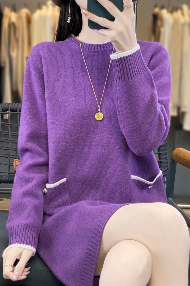 时尚显瘦中长款拼色针织连衣裙优雅百搭带兜设计,女装连衣裙,宛庄羊绒