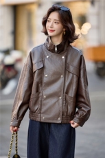 2025冬新加绒仿真皮皮衣女杨树林机车夹克宽松廓形泡皮短款外套，女装皮衣，潮流依族