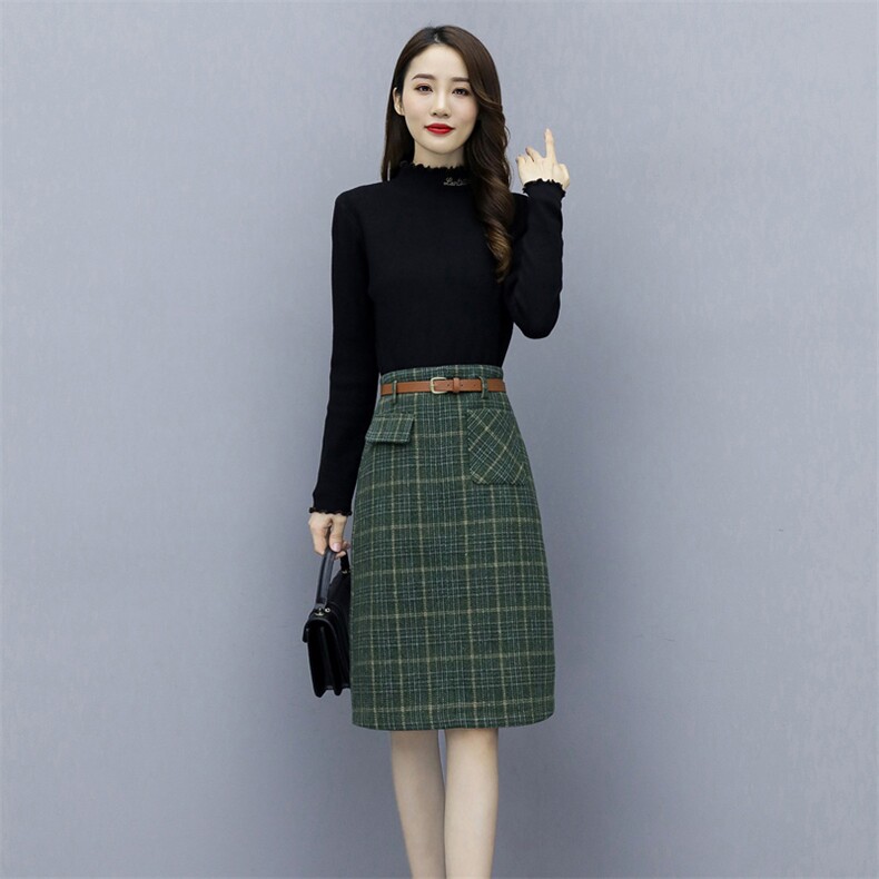 时尚气质套头上衣百搭格子短裙优雅2020年冬季套装,女装套装/套裙,施恩睿棋