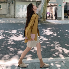 秋季长袖衬衫上衣女设计感小众新款宽松翻领黄色ins韩系纯色衬衣，女装衬衫，梦懿尔