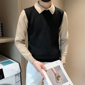 长袖翻领青少年休闲秋季假两件衬衫领毛衣男套头春季修身S575/P52图片