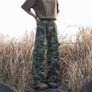 美式高街迷彩多口袋破坏设计直筒微喇牛仔裤男女百搭长裤潮-X6041图片