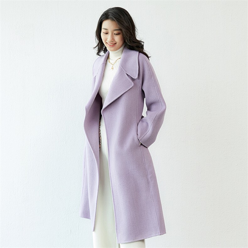 羊毛双面大衣女秋冬中长款系带显瘦外套,女装毛呢外套,高哲羊绒