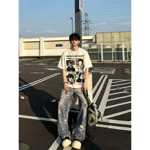 BK897HH-特P28 美式复古乐队人像印花短袖T恤男女图片