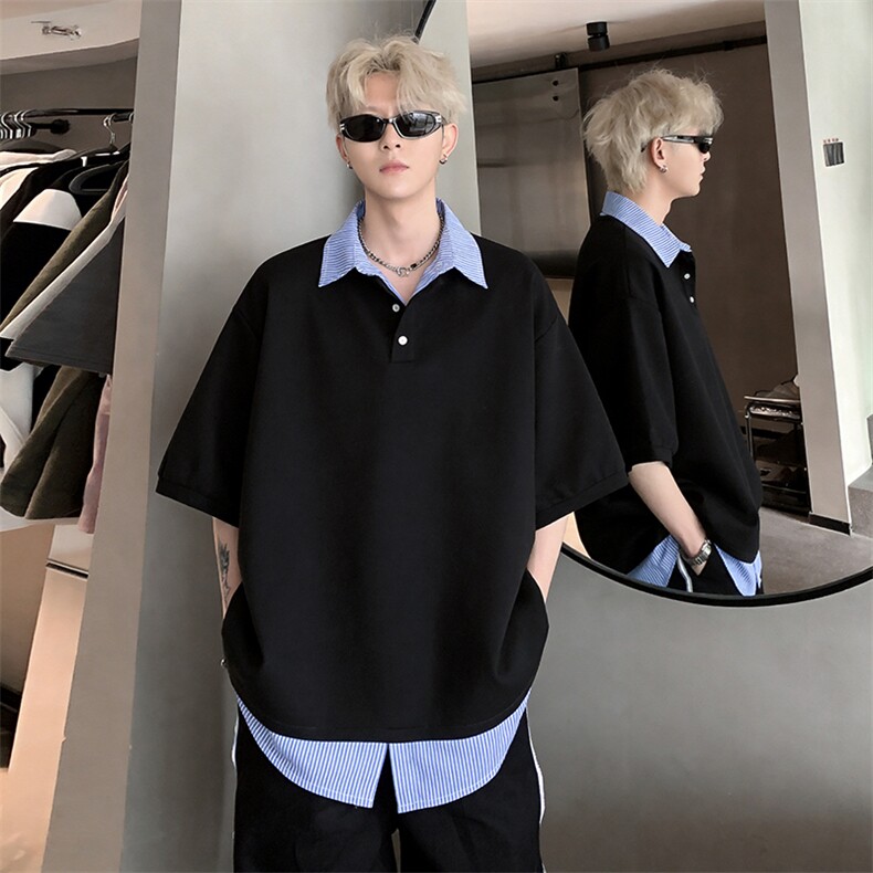 2026主推款抗菌速干假两件格子翻领短袖T恤纯色DT608-P38，男装T恤，电商C307