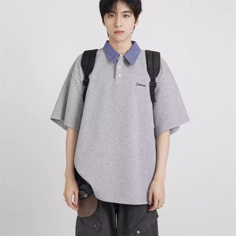 ins日系假两件POLO领格子上衣男女新款夏季半袖宽松上衣短袖t恤衫,男装T恤,星座506A