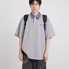 ins日系假两件POLO领格子上衣男女新款夏季半袖宽松上衣短袖t恤衫，男装T恤，星座506A