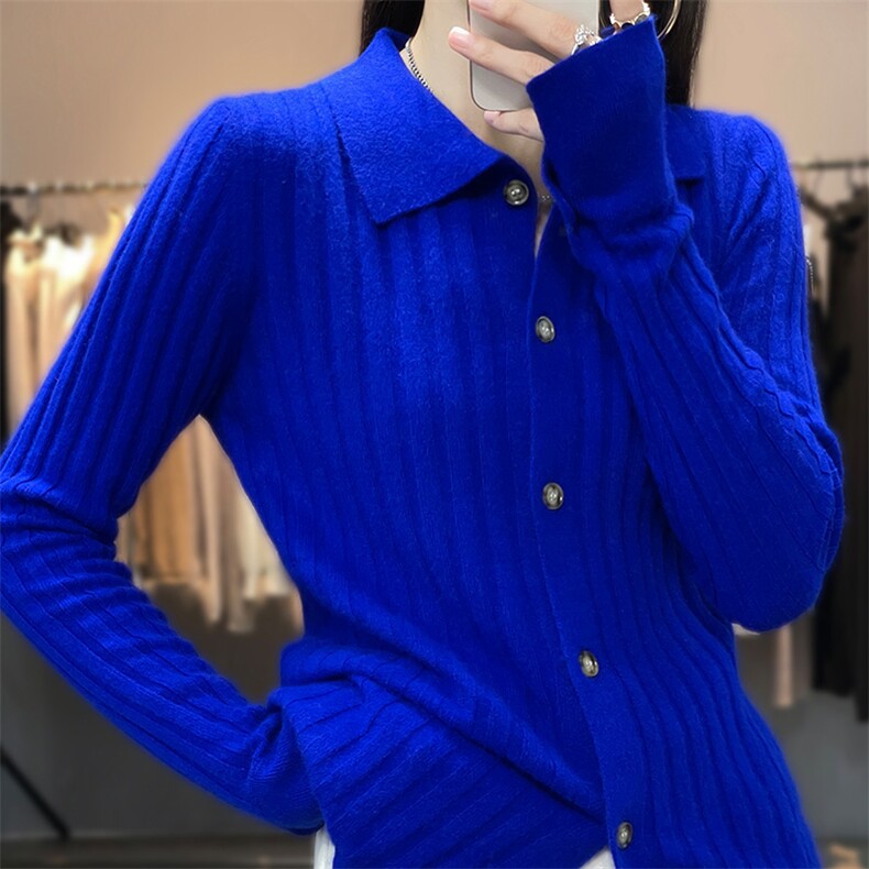翻领单排扣羊毛衫女2024秋冬新款洋气小众设计感拼接,女装羊毛衫,佑昭祥羊绒