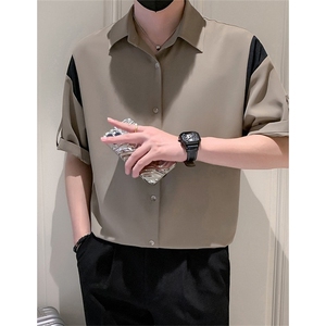 夏季薄款帅气短袖衬衫男士韩版ing潮时髦小众拼接撞色 CA627图片
