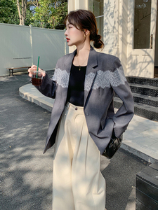 灰色休闲西装套装裙女小个子蕾丝拼接2025春季新款韩系减龄百褶裙图片