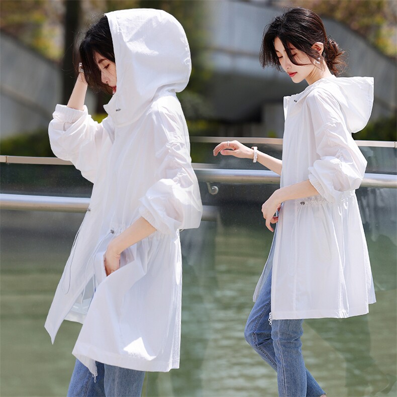 有防晒报告】防紫外线连帽防晒衣女中长款夏款轻薄透气抽绳防晒服，女装防晒衣，鑫源服饰