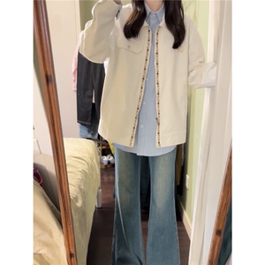 潮小香风宝石织带拼接翻领夹克美式拉链情侣外套潮图片