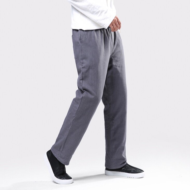 9064^冬季风男装亚麻加厚夹棉宽松大码裤松紧腰直筒棉裤长裤，男装棉裤，钱塘777(原3023)