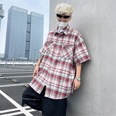 复古短袖衬衫男夏季新款港风宽松大码潮流休闲格子半袖衬衣服，男装衬衫，星座410-7